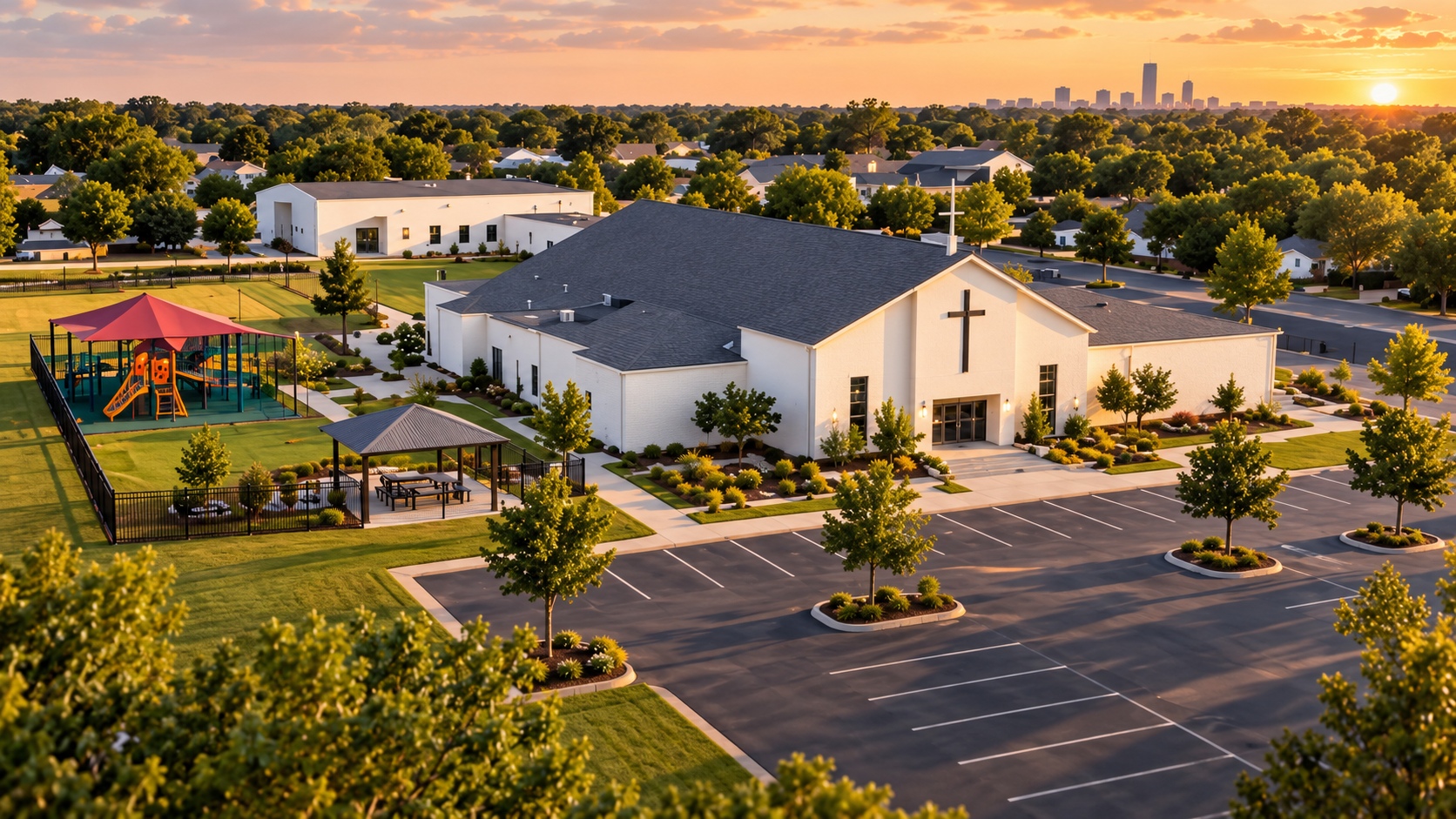 Aerial view of a modern white church campus with parking, playground, picnic area, and annex